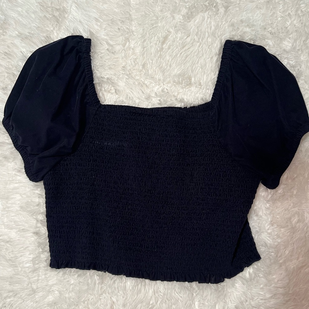 Black Smocked Puff Sleeve Top